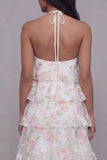 Vestido floral de chiffon rosa blanco con escote halter y estampado en niveles