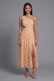 Vestido floral bordado de tul de un solo hombro naranja con abertura