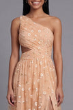 Vestido floral bordado de tul de un solo hombro naranja con abertura