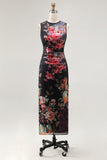 Vestido midi floral frugado estampado con escote bodycon negro de tul con ilusión