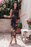 Vestido midi floral frugado estampado con escote bodycon negro de tul con ilusión