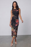 Vestido midi floral frugado estampado con escote bodycon negro de tul con ilusión