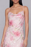Vestido midi floral con tirantes finos rosa Bodycon brillantes