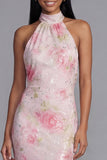 Vestido floral blanco rosa brillante con estampado de flores con lentejuelas