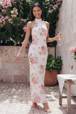 Vestido floral blanco rosa brillante con estampado de flores con lentejuelas