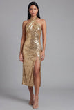Vestido dorado de lentejuelas sin lentejuelas con cuello halter, cuello halter, brillante, con abertura