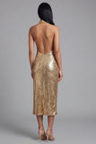 Vestido dorado de lentejuelas sin lentejuelas con cuello halter, cuello halter, brillante, con abertura
