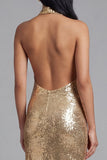 Vestido dorado de lentejuelas sin lentejuelas con cuello halter, cuello halter, brillante, con abertura