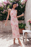 Vestido midi floral midi con escote cortante de tul rosa brillante y abertura