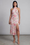 Vestido midi floral midi con escote cortante de tul rosa brillante y abertura