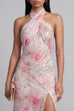 Vestido midi floral midi con escote cortante de tul rosa brillante y abertura