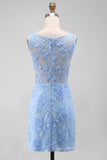 Vestido Mini Floral Bodycon de Tul de Tul Azul con Apliques de Encaje