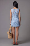 Vestido Mini Floral Bodycon de Tul de Tul Azul con Apliques de Encaje