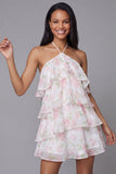 Vestido mini floral floral rosa blanco rosa con escote halter estampado en línea A