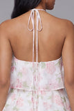 Vestido mini floral floral rosa blanco rosa con escote halter estampado en línea A