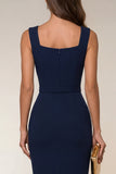 Vestido de trabajo midi bodycon cuello cuadrado azul marino