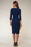 Vestido de trabajo Midi Bodycon azul marino con escote tipo Cowl con abertura