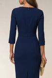 Vestido de trabajo Midi Bodycon azul marino con escote tipo Cowl con abertura