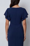 Bodycon camisón de mangas azul marino con escote en V y abertura