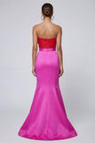 Vestido formal largo sin tirantes de sirena fucsia y rojo con lazo