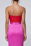 Vestido formal largo sin tirantes de sirena fucsia y rojo con lazo