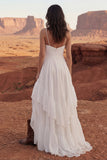 Vestido de novia largo bohemio con volantes y abertura en línea A de marfil