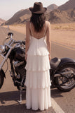 Vestido de novia largo plisado y con volantes de playa en línea A de marfil A