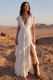 Vestido de novia de playa largo de línea marfil con volantes de línea A