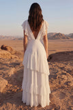Vestido de novia de playa largo de línea marfil con volantes de línea A