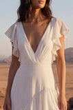 Vestido de novia de playa largo de línea marfil con volantes de línea A