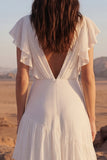 Vestido de novia de playa largo de línea marfil con volantes de línea A
