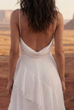 Vestido de novia de playa de tirantes finos de línea A en marfil con volantes