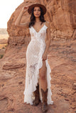Vestido de novia bohemio largo con enfundada floral marfil y volantes