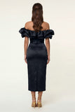 Vestido formal midi bodycon bodycon satín negro de satén descubierto con abertura