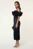 Vestido formal midi bodycon bodycon satín negro de satén descubierto con abertura