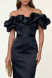 Vestido formal midi bodycon bodycon satín negro de satén descubierto con abertura