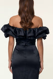 Vestido formal midi bodycon bodycon satín negro de satén descubierto con abertura