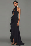 Vestido formal largo y con corte negro y vaina con escote halter, volantes y abertura