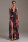 Vestido floral A Line, estampado en negro halter