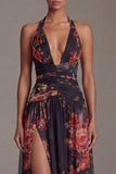 Vestido floral A Line, estampado en negro halter