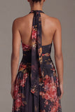 Vestido floral A Line, estampado en negro halter