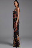 Vestido floral negro sin tirantes con estampado de sirena