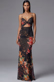 Vestido largo floral sirena con tirantes finos estampados y recortados en funda