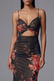 Vestido largo floral sirena con tirantes finos estampados y recortados en funda