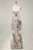Vestido floral fruncido de marfil con cuello cuadrado Línea A