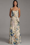 Vestido floral fruncido de marfil con cuello cuadrado Línea A