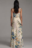 Vestido floral fruncido de marfil con cuello cuadrado Línea A