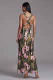 Vestido largo floral con escote cuadrado y escote cuadrado oliva