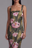 Vestido largo floral con escote cuadrado y escote cuadrado oliva