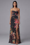 Vestido floral de tirantes finos negros estampados en línea A